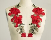 NEW ITEM Red Roses Iron On Patch Applique One PAIR 3-D Petals Rose Vine Embroidered Patches Gucci Style Jeans Shoes No Sew
