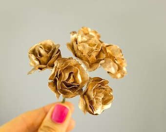 Bouquet Gold Paper Roses 30mm Vintage Mulberry Flowers With Wire Stems 1 Inch Set of Six Blossoms Bridal Wedding Millinery Anniversary