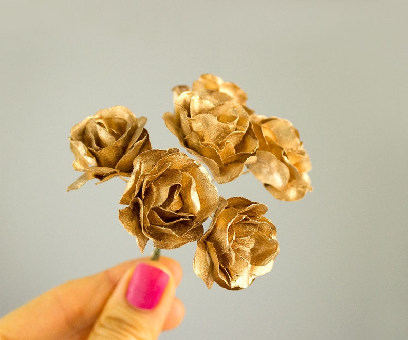 Bouquet Silver Paper Flowers 1.5 Inch Flower Head Vintage Roses W Wire Stems Set of Six Blossoms Bridal Wedding Also In Gold