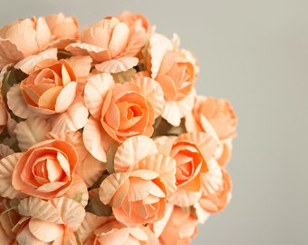 Peach Paper Flowers One Bouquet of Six Flowers / 1.25 Inches 38 mm / Roses With Wire Stems / Handmade Paper Blossoms / Wedding Bridal