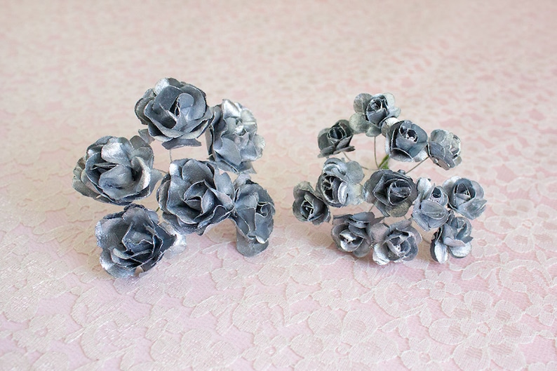 Bouquet Silver Paper Flowers 1.5 Inch Flower Head Vintage Roses W Wire Stems Set of Six Blossoms Bridal Wedding Also In Gold