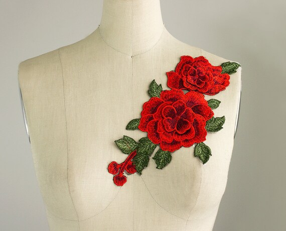 Large Embroidered Red and White Flower Iron On Patch Applique Iron On Patch