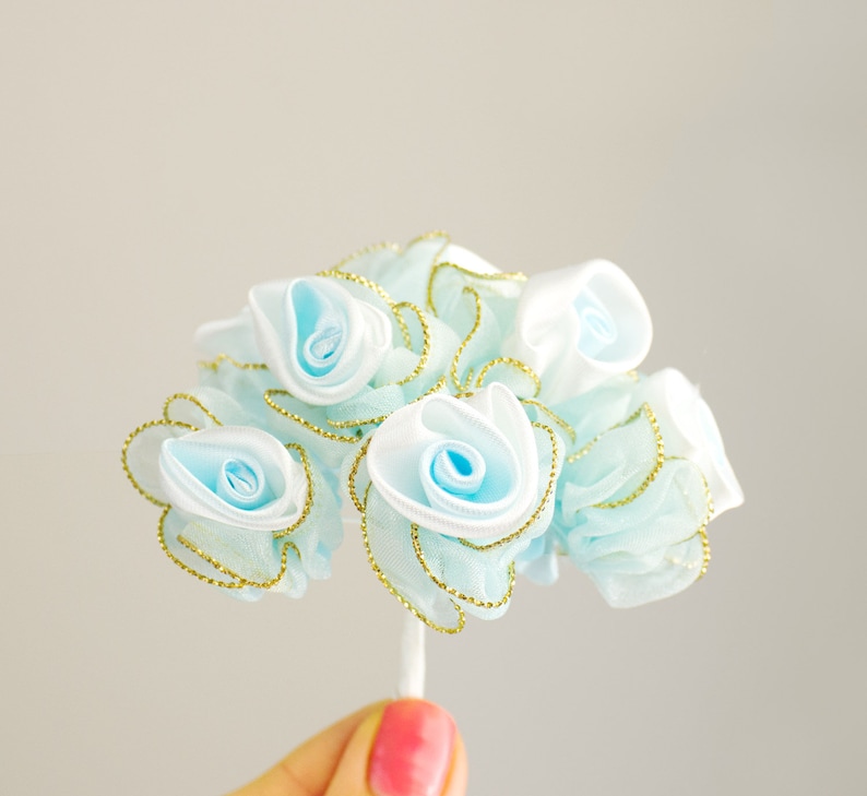 Satin White Ruffle Gold Trimmed Rose Bouquet 8 Flowers Bridal Floral Arrangement Wedding Favors Millinery Decor NEW ITEM