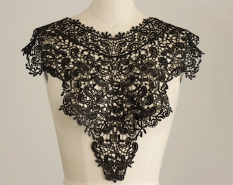 Large Black Guipure Venice Lace Applique Collar / Bridal Wedding Formal Venetian Lace / Neckline / Bodice Insert / Edwardian Costume