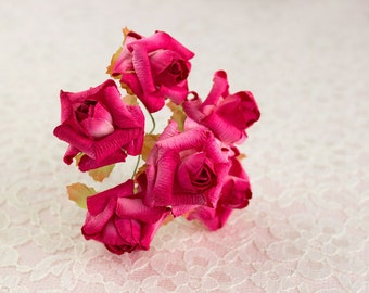 Heirloom Roses Hot Pink Paper Flowers / 30 mm / 6 Blossoms / Pink Roses With Wire Stems & Leaves / Artificial Flowers / Bridal Gifts