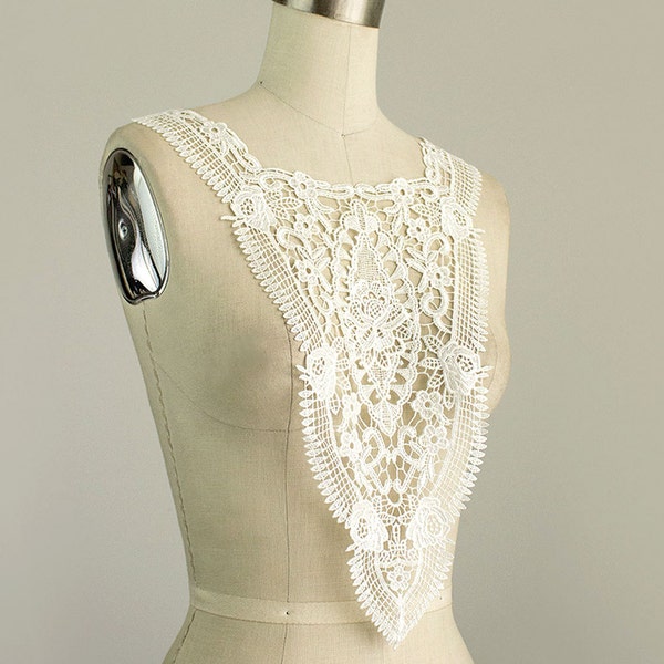 Large Crochet Floral Lace Off White Ivory Bodice Applique Front Collar or Back Piece / Bridal Wedding Dress Blouse Top Insert Costume