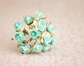 Light Blue Green Two Tone Mulberry Paper Flowers / 20 mm 3/4 0.75 Inches One Bouquet of 12 Handmade Roses With Wire Stems / Gifts Wedding