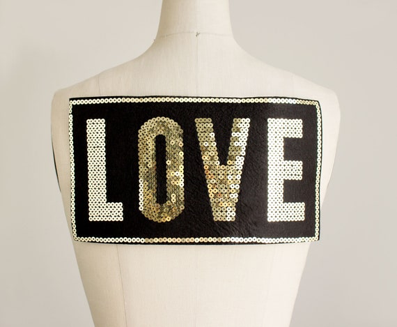 LOVE Iron On Patch Extra Large Bold Stunning Gold Sequin Black Felt Appliqué Denim Jacket Shirt Tote Bag Home Decor IronOn Patches