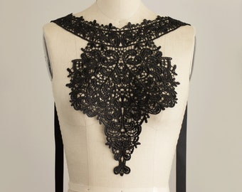 Black Venice Lace Appliqué Collar With Ribbon Ties / Bridal Wedding Venetian Lace Neckline Necklace Bodice Insert Edwardian Costume