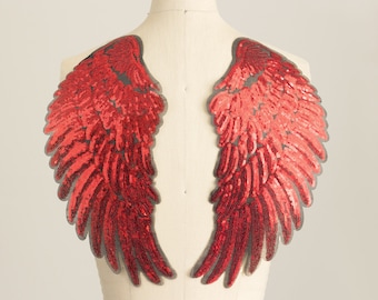 Extra Large RED Sequin Iron On DEVIL Wings Angel Wing Appliqué / Also Silver Gold And Black / Fairy Patch Jacket Costume Patch Shirt Dress