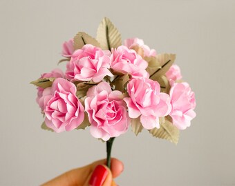 Bouquet Pink Paper Flowers / 1.25 Inches 30 mm / Handmade Roses With Wire Stems / Set of Six Blossoms / Artificial Flowers / Gift Wrapping