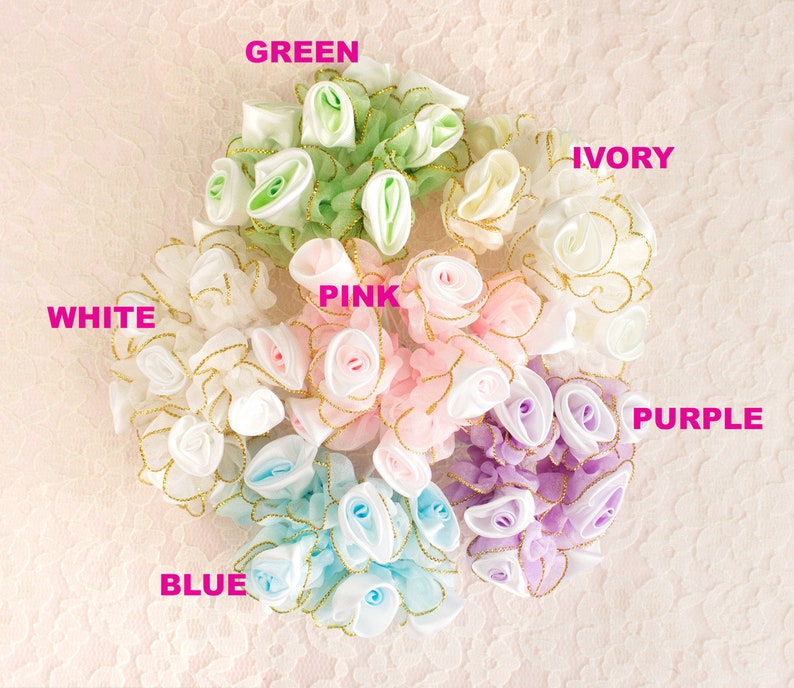 Satin White Ruffle Gold Trimmed Rose Bouquet 8 Flowers Bridal Floral Arrangement Wedding Favors Millinery Decor NEW ITEM