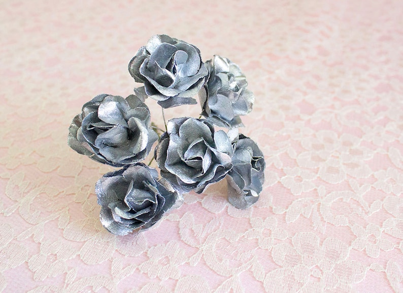 Bouquet Silver Paper Flowers 1.5 Inch Flower Head Vintage Roses W Wire Stems Set of Six Blossoms Bridal Wedding Also In Gold