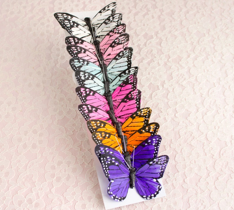 Pastel Rainbow Feather Butterflies One Dozen 3 Inch Wings Wedding Bridal Decor Party Cake Toppers Butterfly Bouquet Wall Art Baby Decor image 1