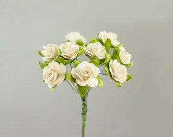 Bouquet Cream Mini Mulberry Paper Roses 14mm 10 Blossoms Artificial Pale Cream Flowers / Bridal Wedding Favors Millinery Baby Invitations
