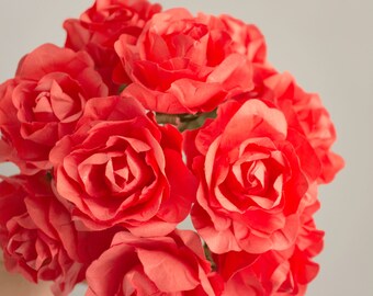 12 Paper Flowers / One Dozen CORAL Roses With Wire Stems / Bridal Wedding Party / Bouquet / Hair Decorations Gifts Cake Toppers Flower Ball