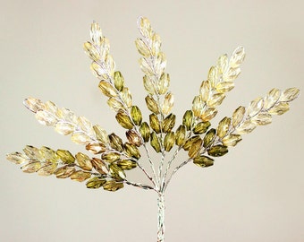 Olive Green Sage Tinted Crystal Bead Leaf Spray Bridal Bouquet Hair Wreath Wedding Floral Picks Cake Topper Boutonniere Beaded Leaves Gifts