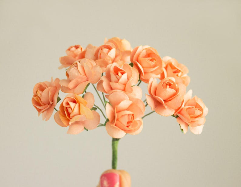 12 Paper Roses One Bouquet 0.75 inches 20 mm Peach 34 Inches Pumpkin Artificial Flowers Bridal Wedding Favors Millinery