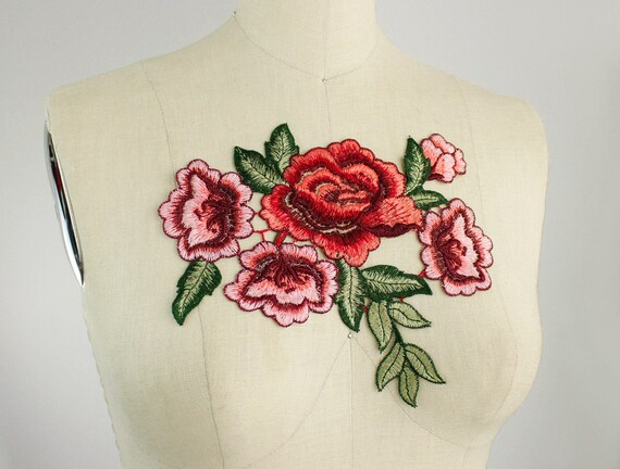 Large Red Rose//Flower on Vine//Stem-Right-Iron On Embroidered//Applique Patch