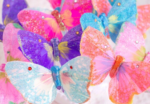 7.0cm Feather Butterfly Pale Green with Glitter
