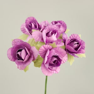 Bouquet of 6 Purple Lavender Paper Flowers / 1.5 Inches 38 mm / Roses With Wire Stems / Six Blossoms Artificial Roses / Wedding Gifts Decor