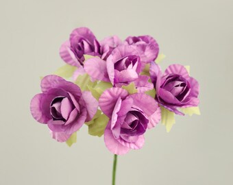 Bouquet of 6 Purple Lavender Paper Flowers / 1.5 Inches 38 mm / Roses With Wire Stems / Six Blossoms Artificial Roses / Wedding Gifts Decor