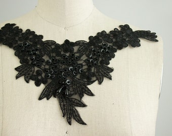 Black Beaded Sequin Lace Applique / Beaded Fringe / Sheer Organza Collar / Bridal Dress Tops Blouse / Neckline Dance Costume Deadstock