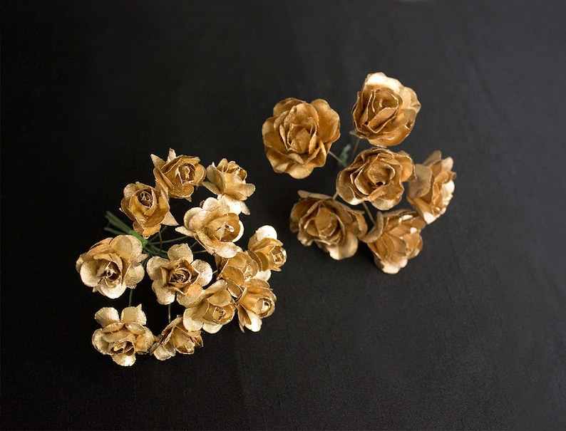 Bouquet Silver Paper Flowers 1.5 Inch Flower Head Vintage Roses W Wire Stems Set of Six Blossoms Bridal Wedding Also In Gold