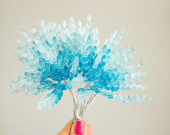 Aqua Blue Crystal Bead Floral Picks Bridal Bouquet Boutonniere Leaf Sprays Vintage Style Cake Topper Corsage Wedding Beaded Leaves Gifts