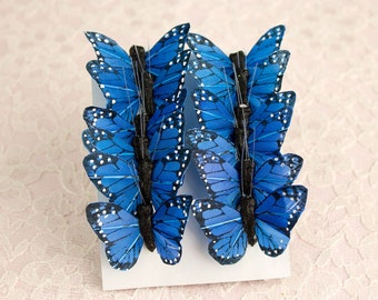 Mini Blue Feather Monarch Butterflies One Dozen 1.5 Inch Wingspan Size Small Mini Size Butterfly Wedding Cake Toppers Invitations Bouquets