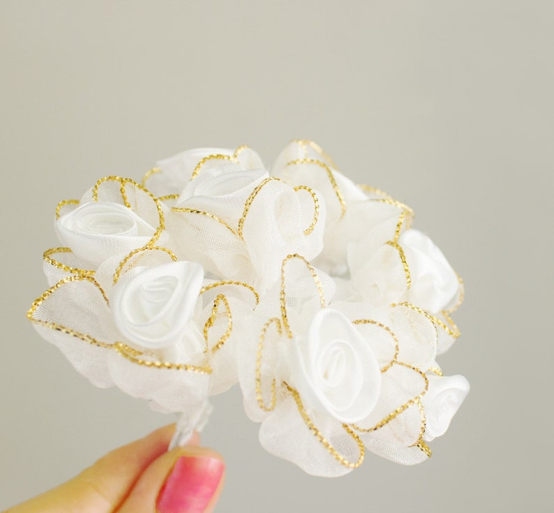 Satin White Ruffle Gold Trimmed Rose Bouquet 8 Flowers Bridal Floral Arrangement Wedding Favors Millinery Decor NEW ITEM