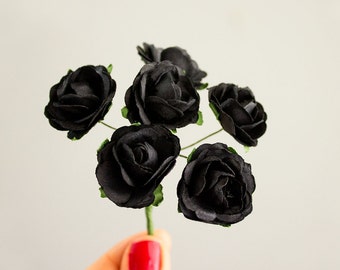 Bouquet Handmade Black Mulberry Paper Roses / Size 30mm Full Bloom Flowers With Wire Stems / Six Blossoms Wedding Floral Decorations Gifts