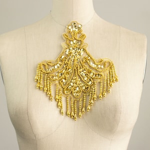 Gold Beaded Sequin Fringe Applique Vintage Flapper Style / Teardrop Beads Epaulet Formal Wear Evening Wedding Bridal / Costume Design Dance