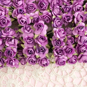 144 Lavender Mulberry Paper Roses / 12 Dozen Handmade Flowers / 14 mm 0.5 Inches Bridal Scrapbooking Wedding Favors Millinery Cake Toppers