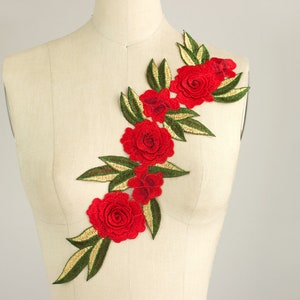 Large Red Roses Tropical Leaves Iron On Patch Applique 3D Petals Ironon Rose Vine Embroidered Patches Jeans Dress Denim Jacket No Sewing image 2