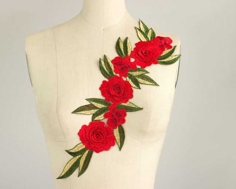 Large Red Roses Tropical Leaves Iron On Patch Applique 3D Petals Ironon Rose Vine Embroidered Patches Jeans Dress Denim Jacket No Sewing image 2