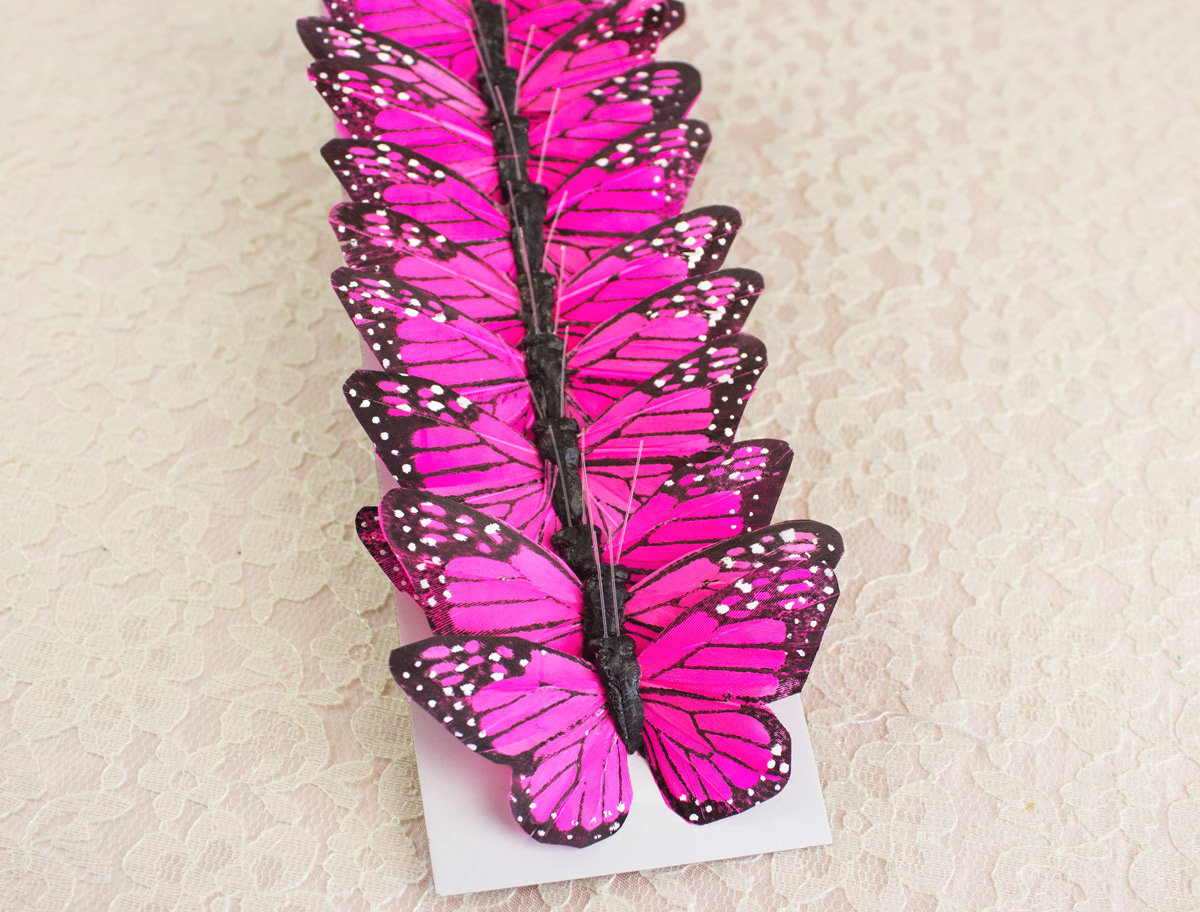 One Dozen PINK Feather Butterflies 12 Monarch Butterflies 3 Inch Wingspan Millinery Supplies Costume Butterfly Bridal Bouquet Shower Cake