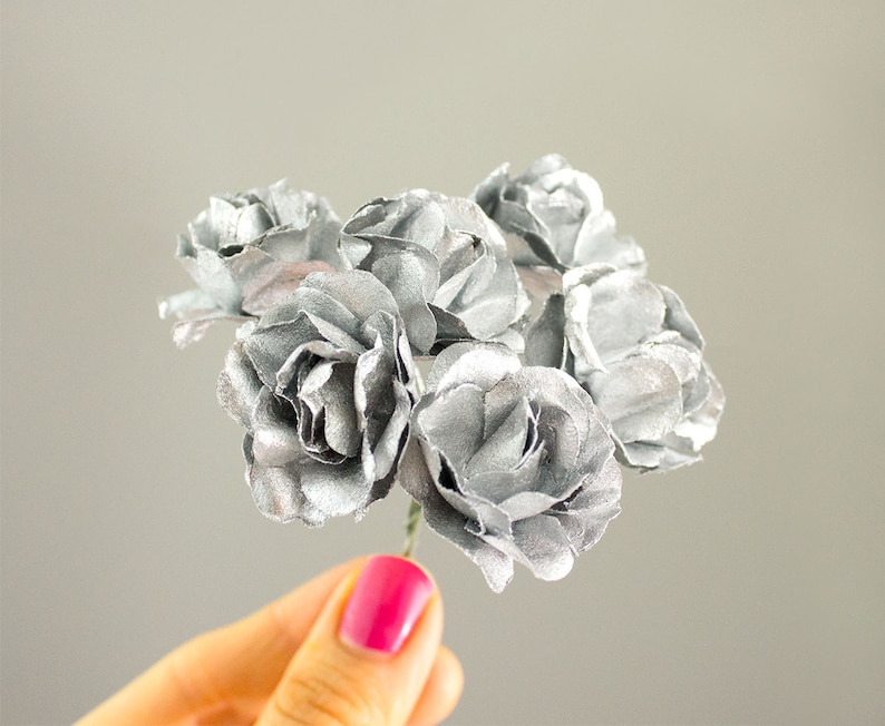 Bouquet Silver Paper Flowers 1.5 Inch Flower Head Vintage Roses W Wire Stems Set of Six Blossoms Bridal Wedding Also In Gold