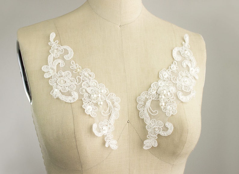 ivory beaded lace applique bridal wedding sequined floral lace motif on organza
