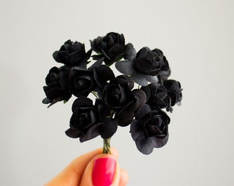 Bouquet of 12 Black Mulberry Paper Roses 20mm 0.75 Inches Handmade Flowers Bridal Wedding Favors Millinery Hats Party Supplies Cake Toppers