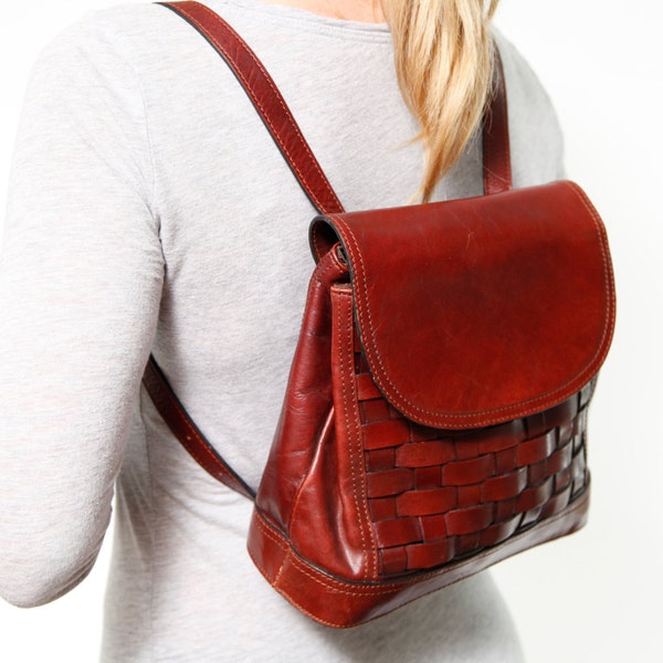 Reserved for Ashley - Slouchy Woven Whiskey Colored Leather Mini Backpack
