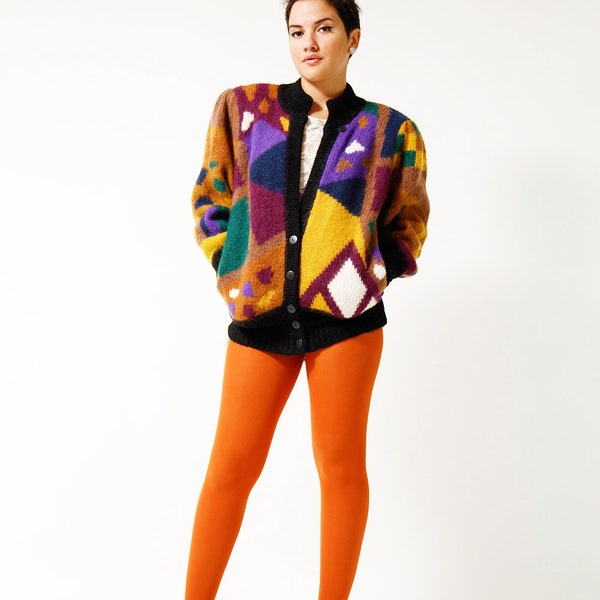Bad Ass Vintage 90s Abstract Novelty Sweater Jacket - Multicolored Fuzzy Coat