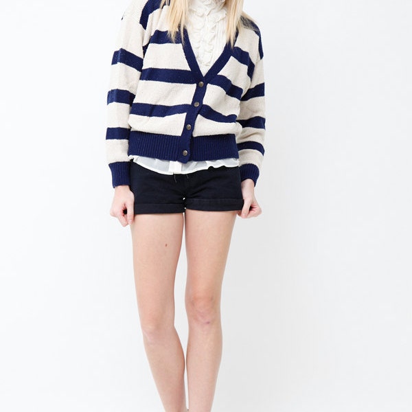 Vintage 80s Nautical Striped Cardigan Sweater - Silk Blend College Boyfriend Sweater - Size US Medium Large