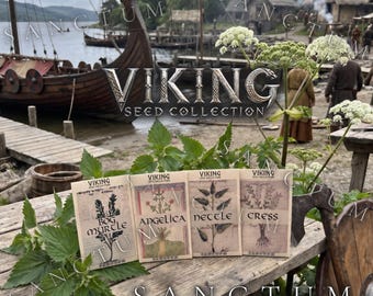May include: Four rectangular seed packets labeled Viking Seed Collection with illustrations of Bog Myrtle, Angelica, Nettle, and Cress. The packets are arranged on a wooden surface with green leaves, featuring a Viking ship in the background.