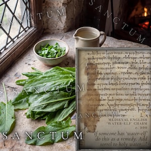 May include: A pile of fresh green sorrel leaves next to a small ceramic bowl filled with chopped sorrel, a ceramic pitcher, and a rectangular parchment featuring medieval English text titled 'Water-Elf Charm' with instructions to add sorrel to holy water.