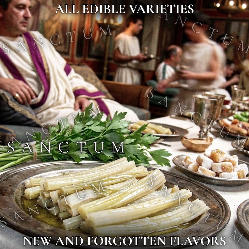 May include: A silver platter holds cooked pale green stalks in oil, next to a bunch of fresh green parsley. The text ALL EDIBLE VARIETIES and NEW AND FORGOTTEN FLAVORS appears on the image, with a watermark reading SANCTUM across the scene.
