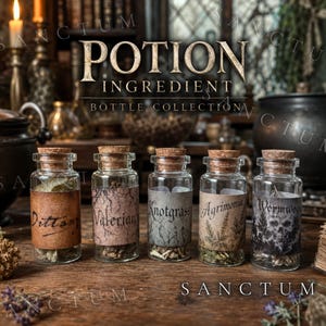 May include: A collection of five small glass bottles with cork stoppers, each labeled with a different herb name: Dittany, Valerian, Knotgrass, Agrimonia, and Wormwood. The bottles are filled with dried herbs and set against a dark, vintage background. The text "POTION INGREDIENT BOTTLE COLLECTION" is at the top.
