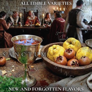May include: A silver goblet filled with liquid and blue borage flowers sits beside a wooden bowl containing yellow quinces and brown medlar fruits. The text ALL EDIBLE VARIETIES and NEW AND FORGOTTEN FLAVORS is visible on the image.