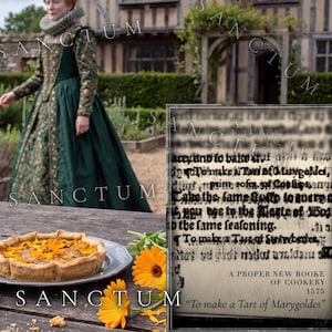 May include: A round tart topped with orange marigold petals sits on a gray plate next to loose orange flowers. Beside it, a blurred page from A PROPER NEW BOOKE OF COOKERY 1575 displays the text To make a Tart of Marygoldes.