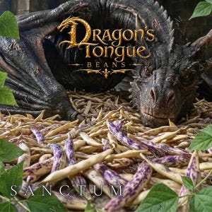 Puede incluir: Un mont&oacute;n de vainas de frijol color crema con rayas y manchas moradas, colocadas bajo una figura de drag&oacute;n oscura y texturizada. El texto "Dragon's Tongue BEANS" aparece en letras doradas sobre los frijoles, con hojas verdes.